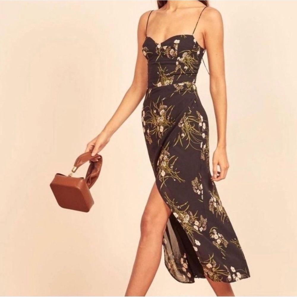 Reformation KourtneyMidi Dress Black Splatter Floral Slit Sweetheart Neck Size 6
